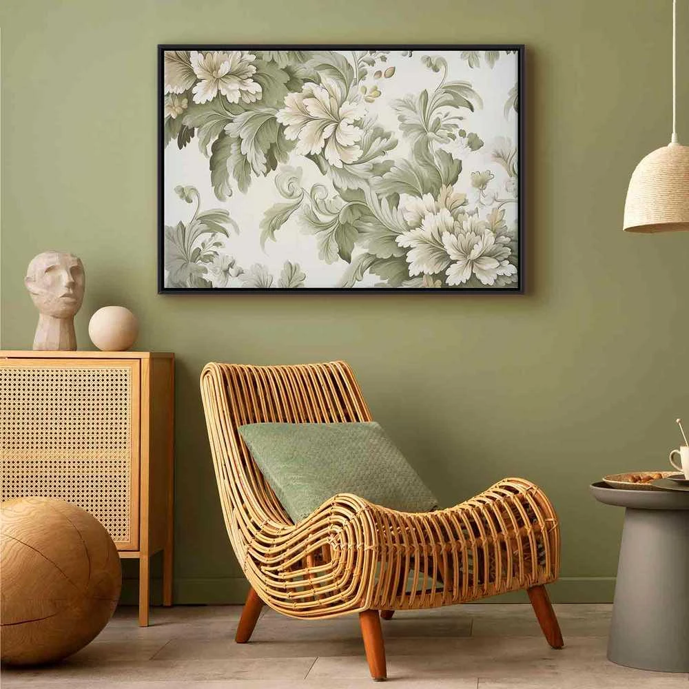 Artgeist Paveikslas - Retro Vintage Flowers in Delicate Kreminis and Žalias Colors