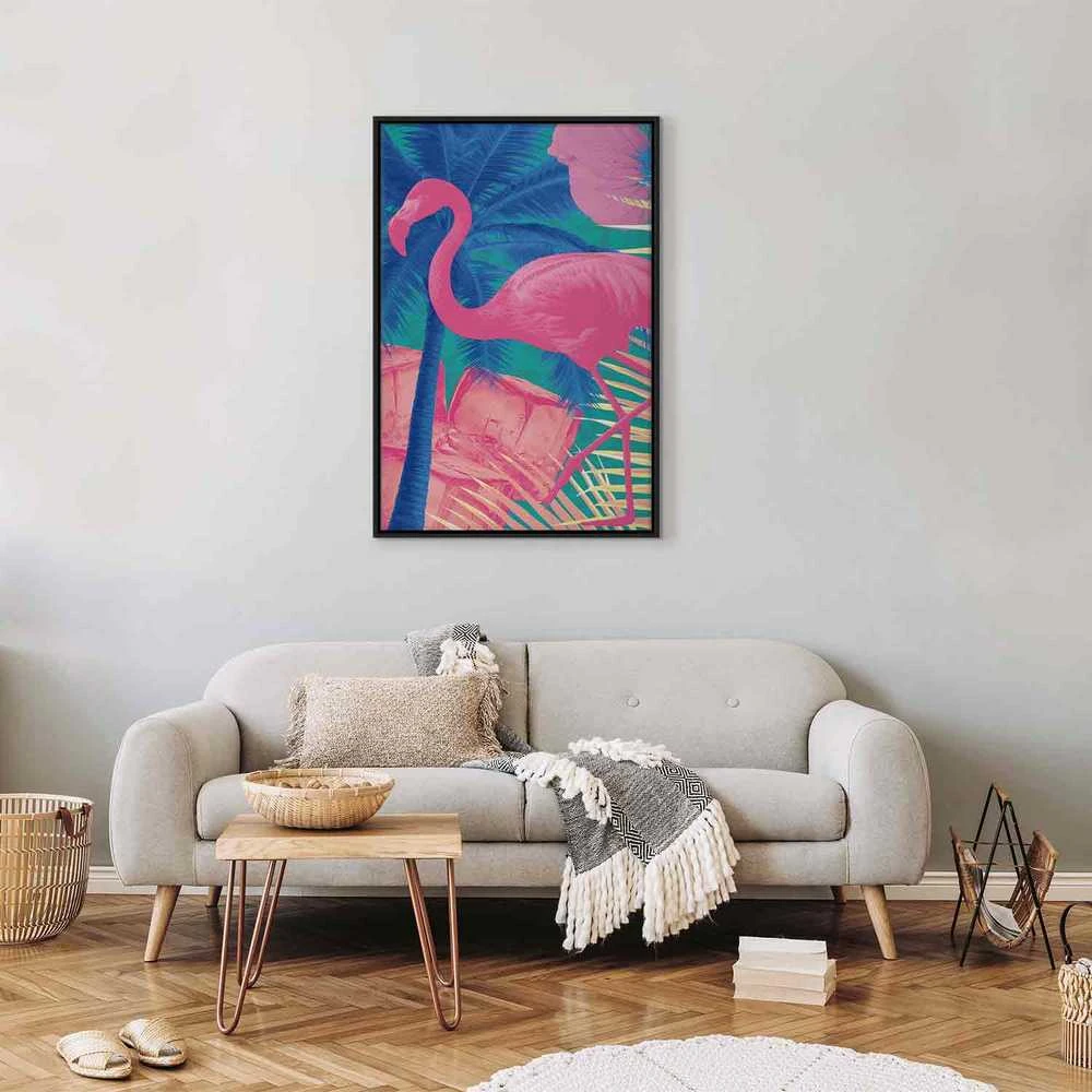 Artgeist Paveikslas - Rožinė Flamingo - Abstract Flamingo Against Palms and Ice Cubes