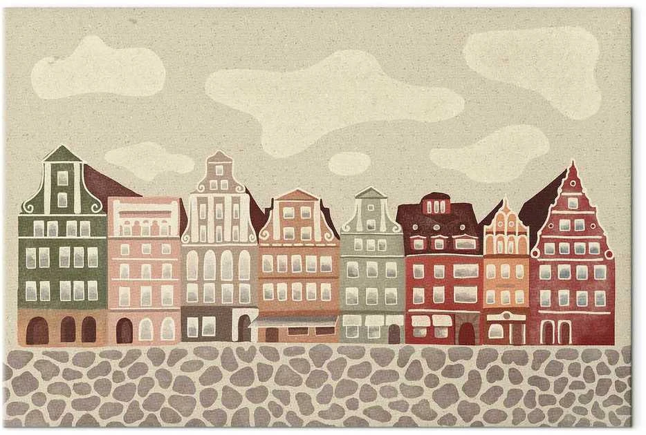 Artgeist Paveikslas - Salt Square - Colorful Illustrated Townhouses Against a Cloudy Sky Background