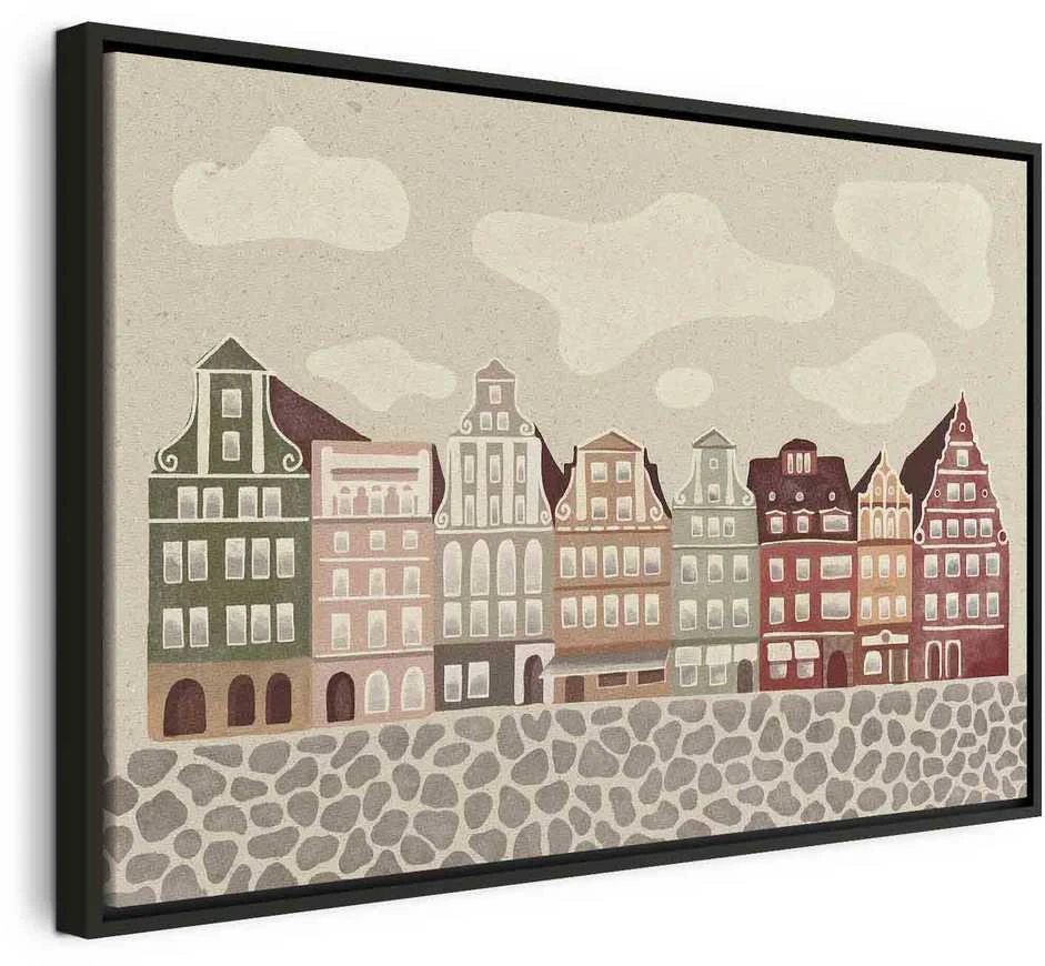 Artgeist Paveikslas - Salt Square - Colorful Illustrated Townhouses Against a Cloudy Sky Background