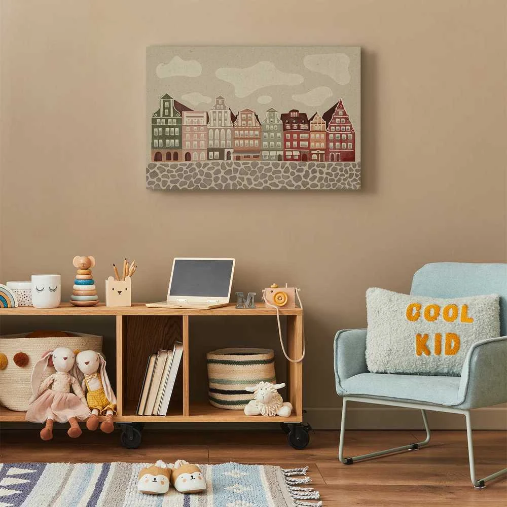 Artgeist Paveikslas - Salt Square - Colorful Illustrated Townhouses Against a Cloudy Sky Background