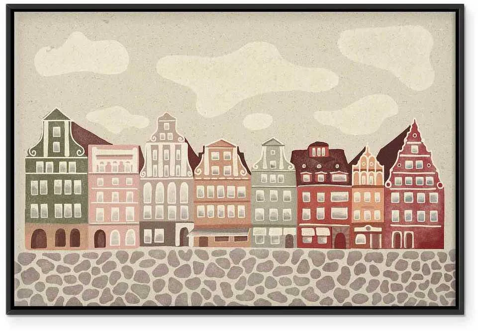 Artgeist Paveikslas - Salt Square - Colorful Illustrated Townhouses Against a Cloudy Sky Background
