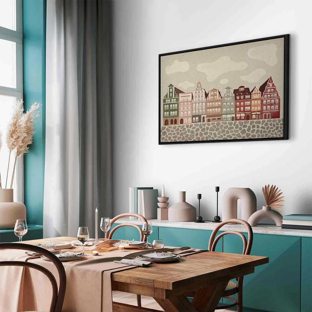 Artgeist Paveikslas - Salt Square - Colorful Illustrated Townhouses Against a Cloudy Sky Background
