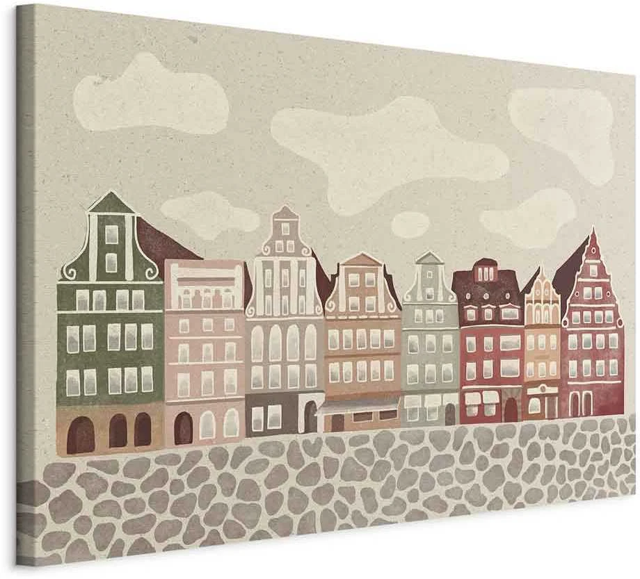 Artgeist Paveikslas - Salt Square - Colorful Illustrated Townhouses Against a Cloudy Sky Background