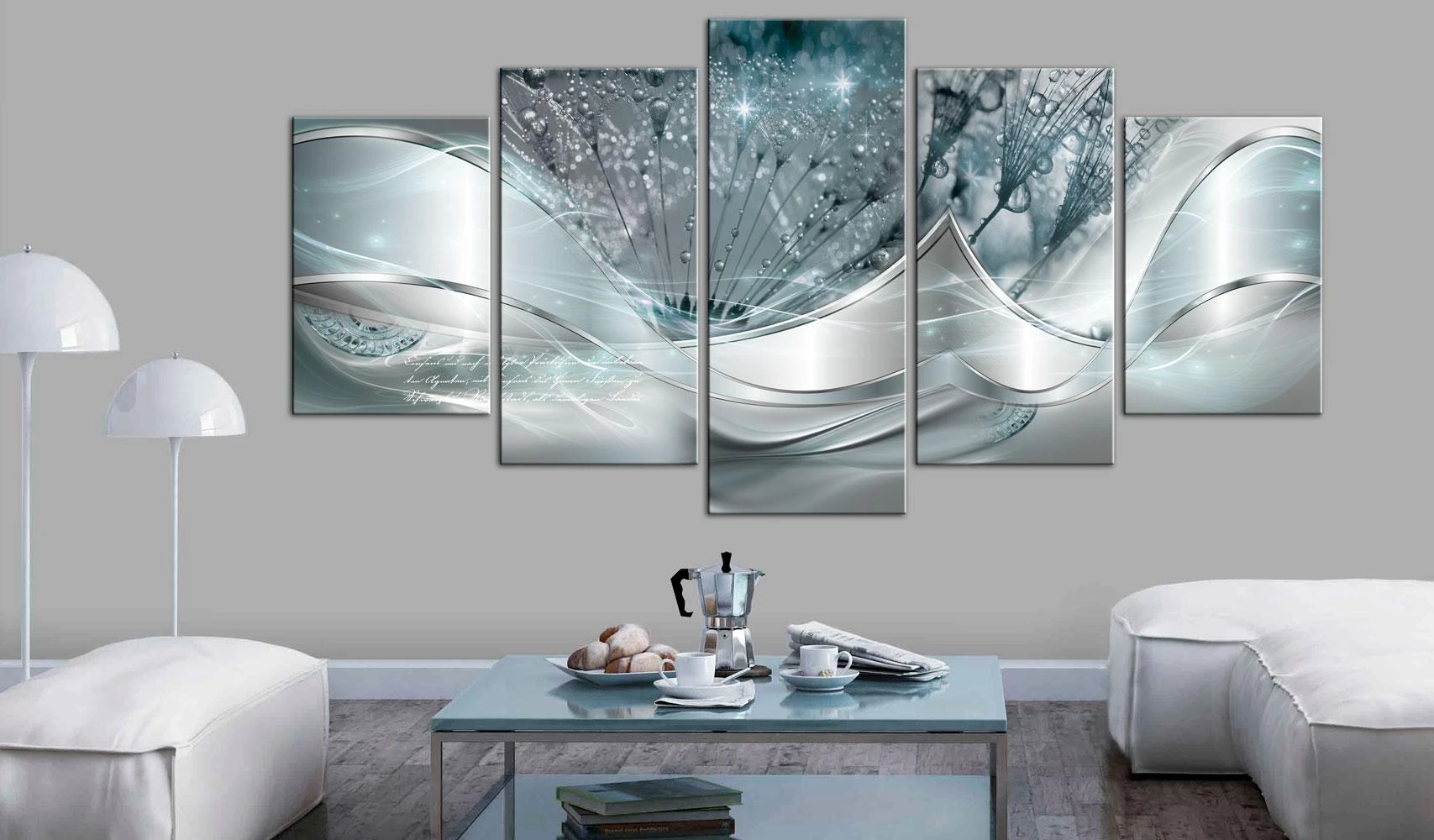 Artgeist Paveikslas - Sparkling Dandelions (5 Parts) Mėlyna Wide