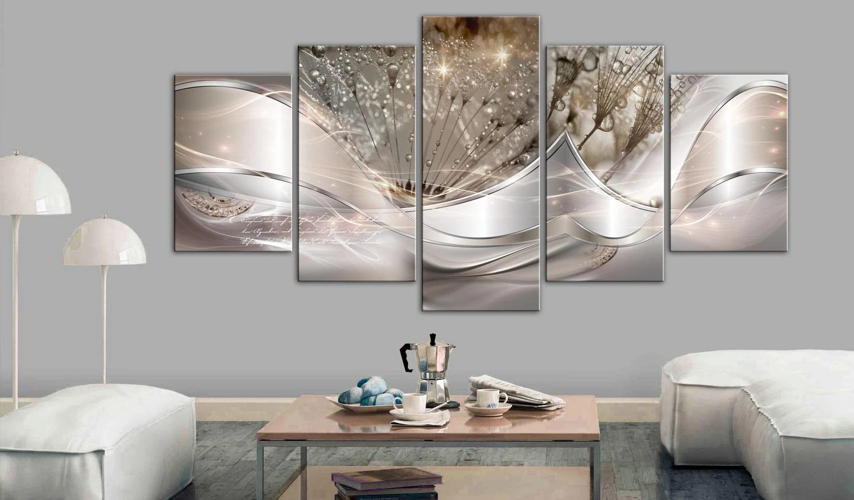 Artgeist Paveikslas - Sparkling Dandelions (5 Parts) rusvai gelsvas Wide