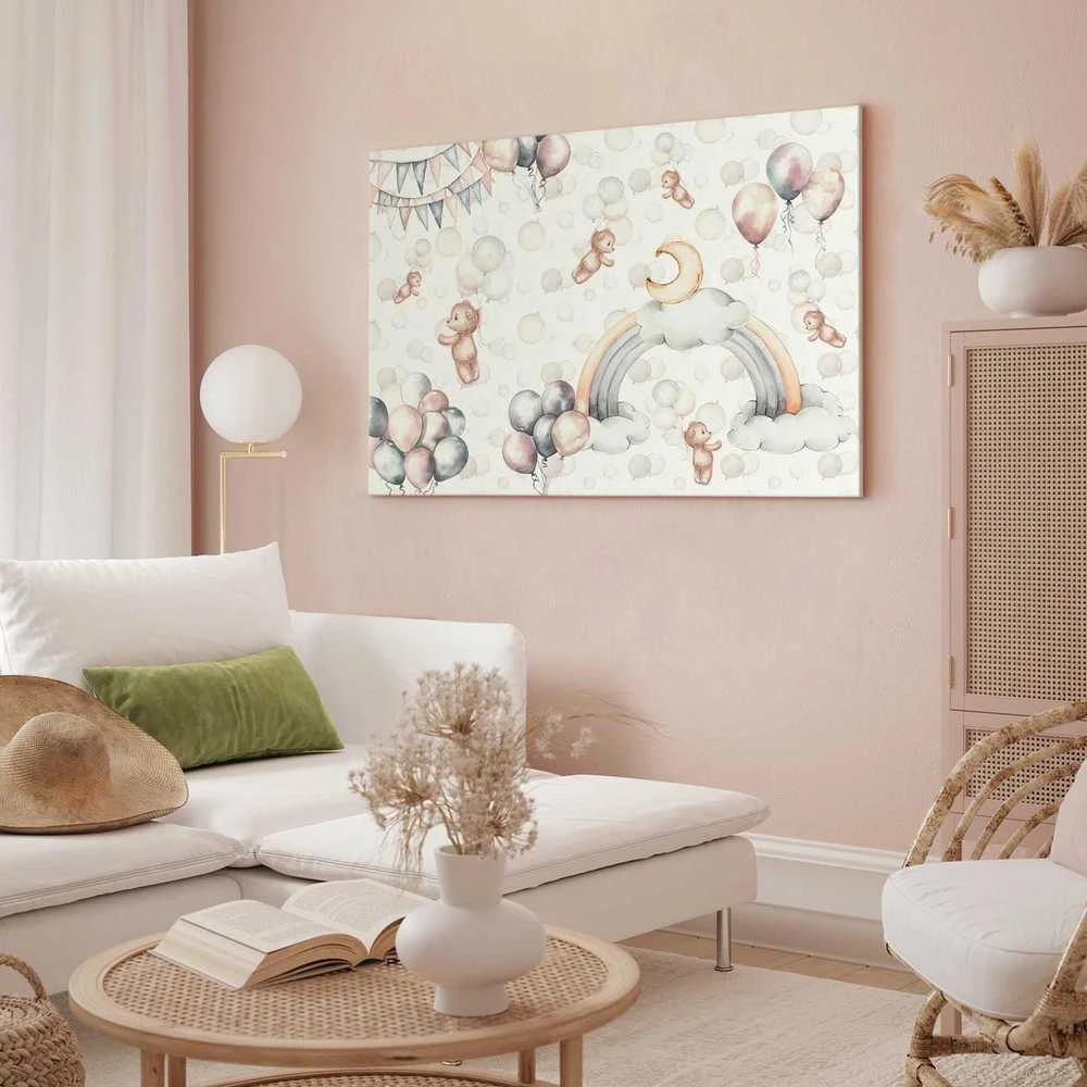 Artgeist Paveikslas - Toy Bears with Balloons - Flying Plush Bears Among Balloons Clouds and Rainbows in Subtle Pastel Hues