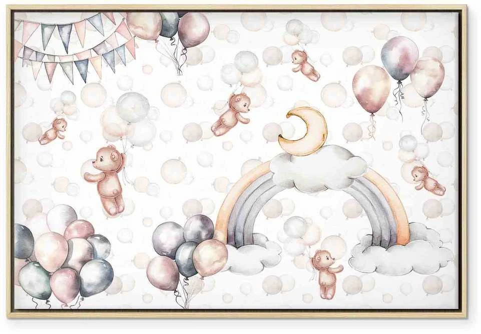 Artgeist Paveikslas - Toy Bears with Balloons - Flying Plush Bears Among Balloons Clouds and Rainbows in Subtle Pastel Hues