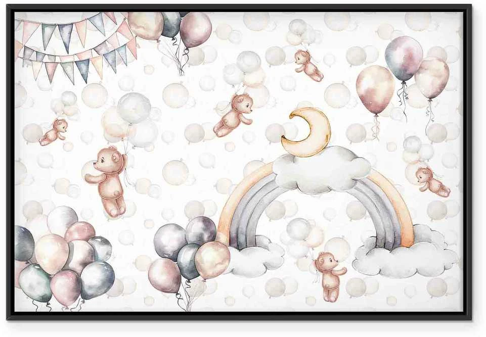 Artgeist Paveikslas - Toy Bears with Balloons - Flying Plush Bears Among Balloons Clouds and Rainbows in Subtle Pastel Hues