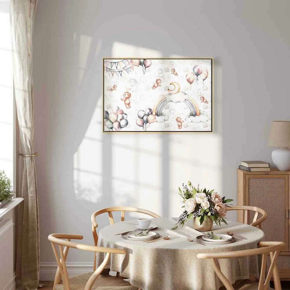 Artgeist Paveikslas - Toy Bears with Balloons - Flying Plush Bears Among Balloons Clouds and Rainbows in Subtle Pastel Hues