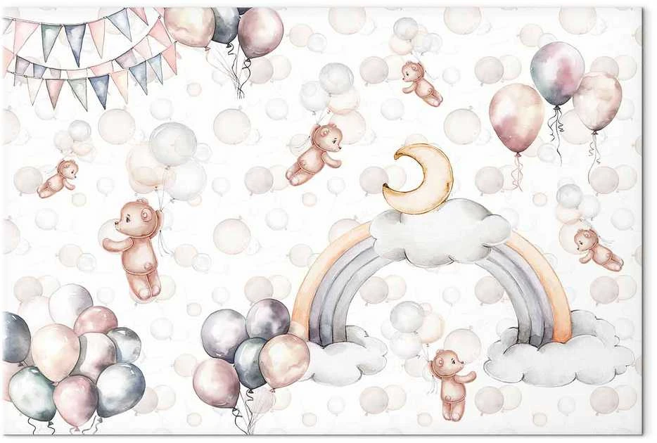 Artgeist Paveikslas - Toy Bears with Balloons - Flying Plush Bears Among Balloons Clouds and Rainbows in Subtle Pastel Hues