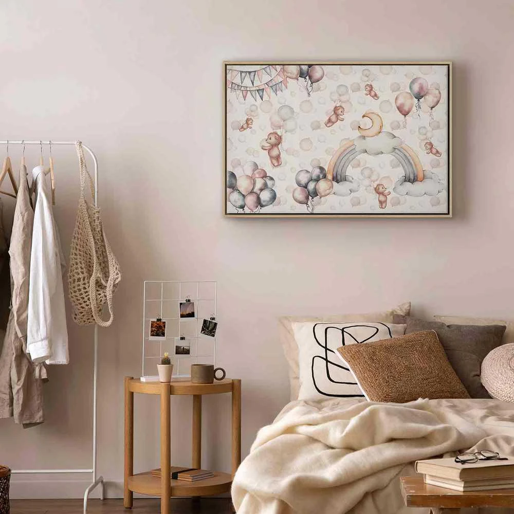 Artgeist Paveikslas - Toy Bears with Balloons - Flying Plush Bears Among Balloons Clouds and Rainbows in Subtle Pastel Hues