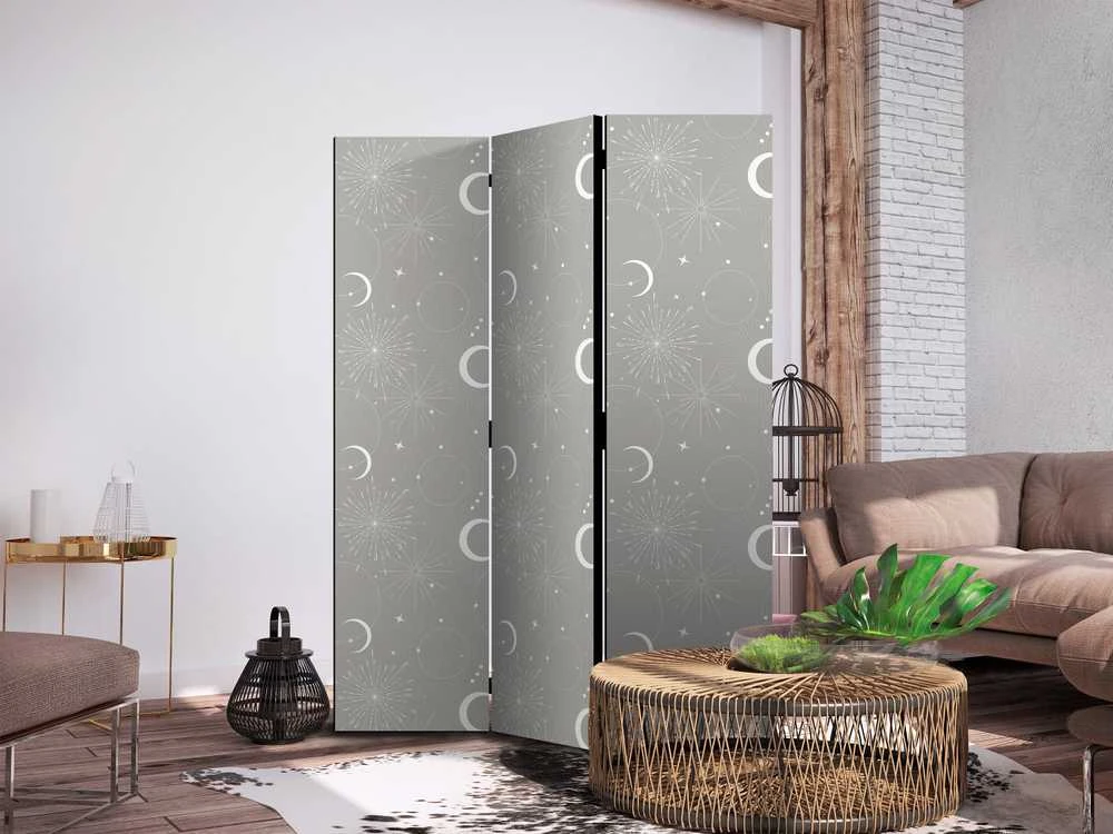Artgeist Pertvara - Cosmic Fireworks - Elegant Pattern with Moons and Stars on a Gray Background