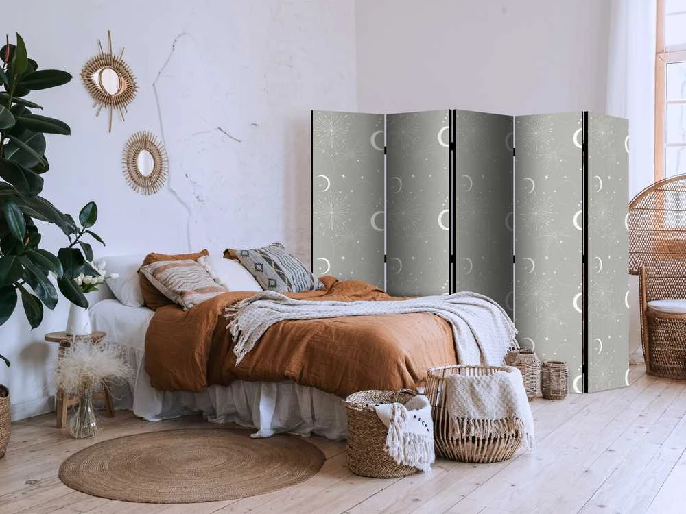 Artgeist Pertvara - Cosmic Fireworks - Elegant Pattern with Moons and Stars on a Gray Background