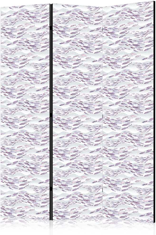 Artgeist Pertvara - Fish in Subdued Colors - Shoal of Small Fish in Light Violetinė and Delicate Rožinė Against Gray Waves