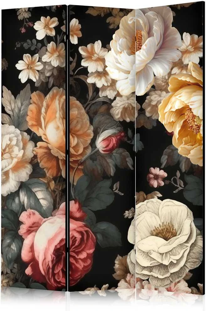 Artgeist Pertvara - Floristry in Vintage Style - a Plethora of Colorful Flowers on a Juodas Background