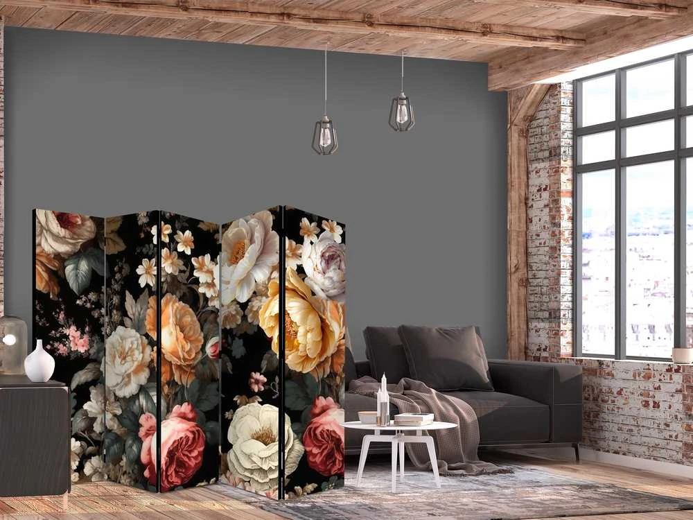 Artgeist Pertvara - Floristry in Vintage Style - a Plethora of Colorful Flowers on a Juodas Background