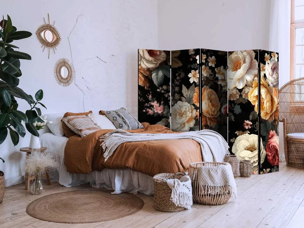 Artgeist Pertvara - Floristry in Vintage Style - a Plethora of Colorful Flowers on a Juodas Background