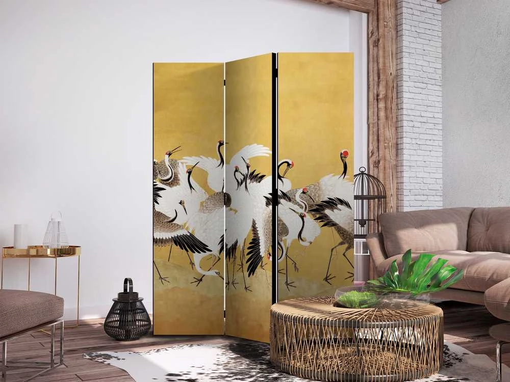 Artgeist Pertvara - Japanese cranes - a flock of birds against a golden background based on a painting by Ishida Yūtei