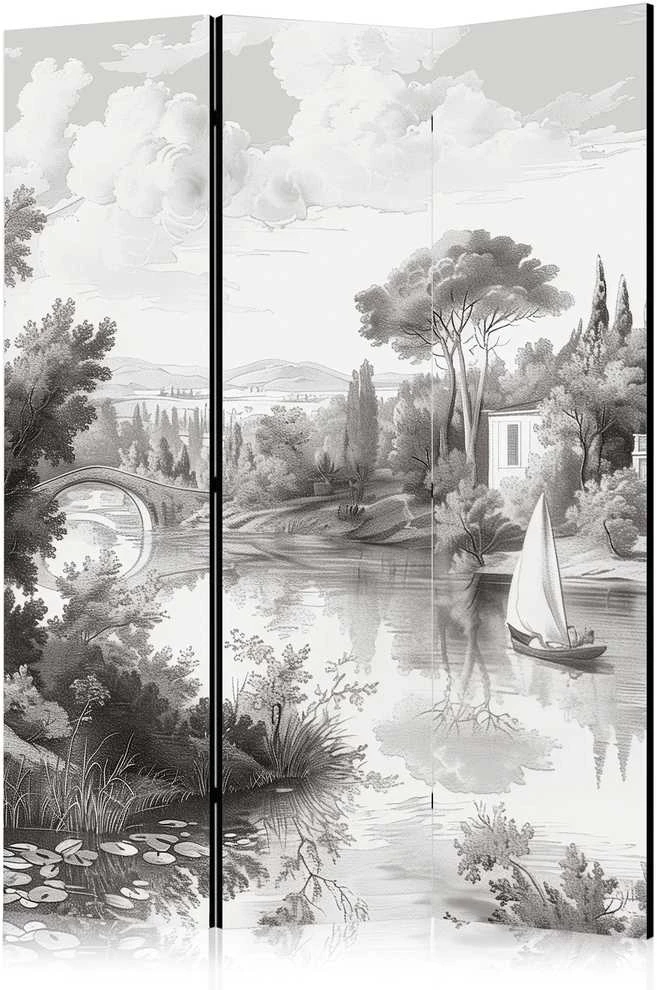 Artgeist Pertvara - Juodas and Baltas Vintage Landscape - Retro View of a Pond with a Boat