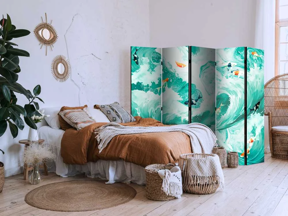 Artgeist Pertvara - Koi Fish Among Waves - Japanese Fish Amid Waves in Shades of Turquoise And Baltas