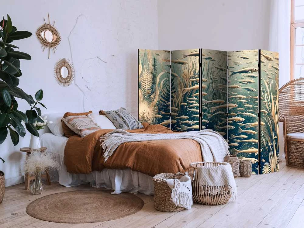 Artgeist Pertvara - Life in The Ocean - Underwater World of Fish And Vegetation in rusvai gelsvas And Navy Colors in Retro Style