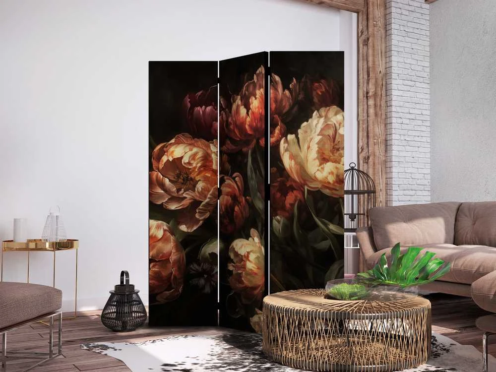 Artgeist Pertvara - Magnificent Tulips - Bouquet of Flowers in Raudona and Baltas on a Juodas Background