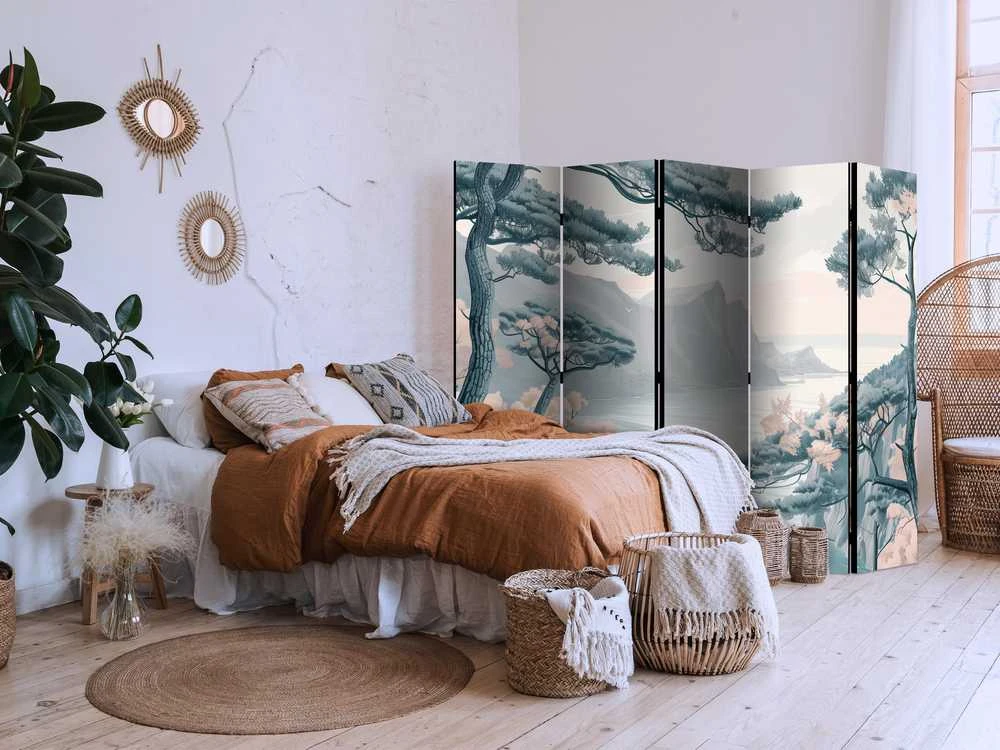 Artgeist Pertvara - Mountainous Coast with Trees and Rocks - in Light Pastel Blues