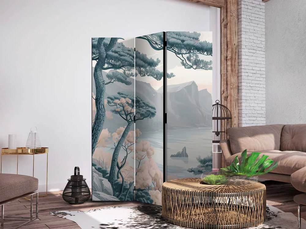 Artgeist Pertvara - Mountainous Coast with Trees and Rocks - in Light Pastel Blues