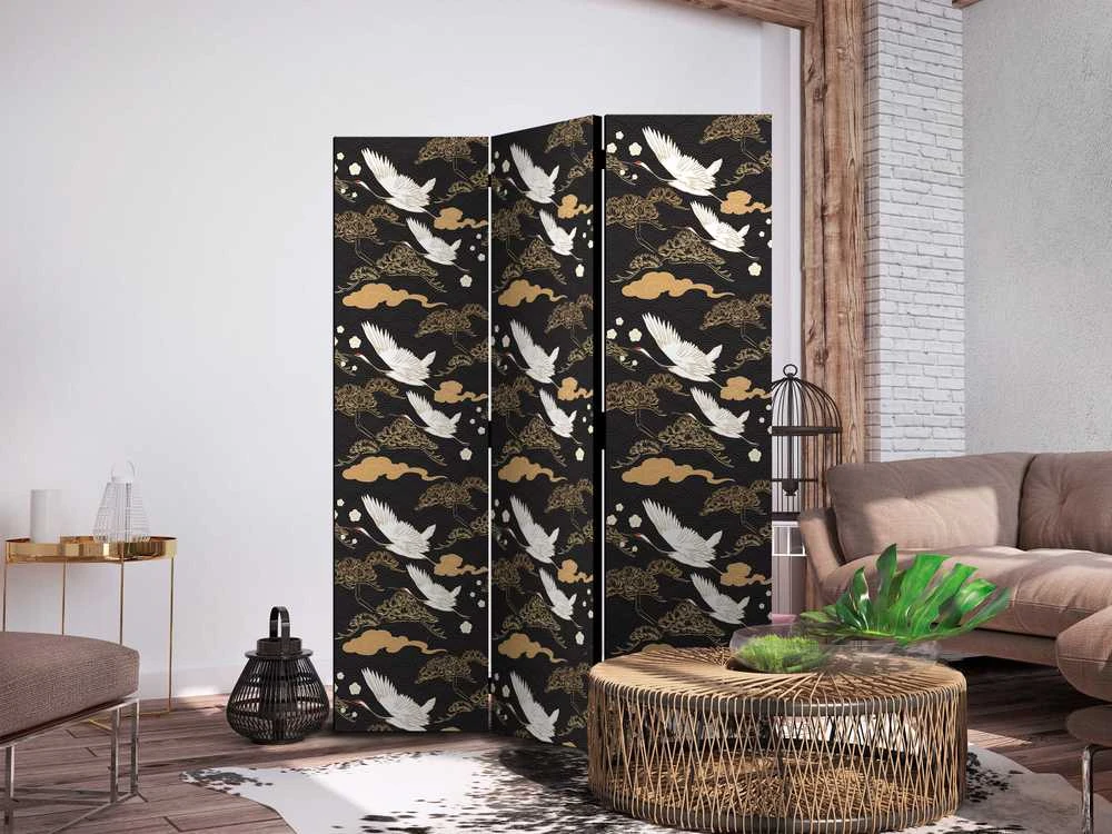 Artgeist Pertvara - Oriental impressions - decorative pattern with a motif of flying cranes on a dark background
