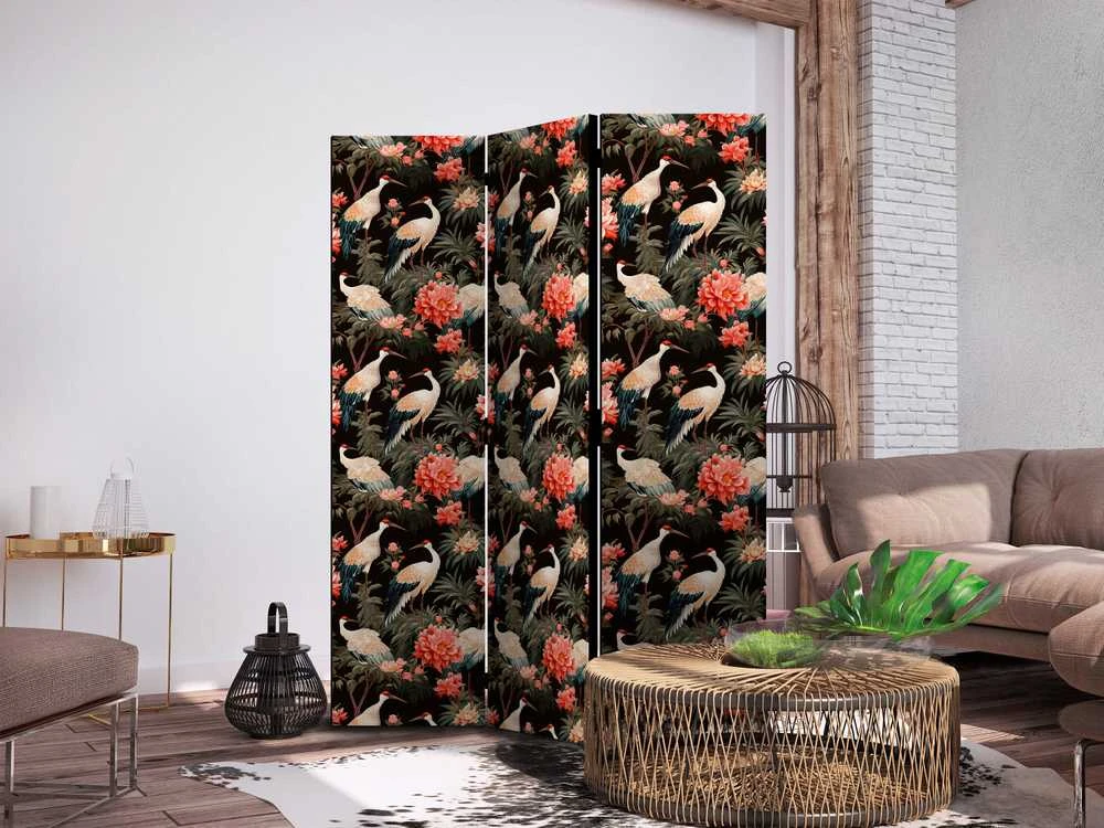 Artgeist Pertvara - Ornament with birds - silhouettes of cranes and peony flowers on a dark background
