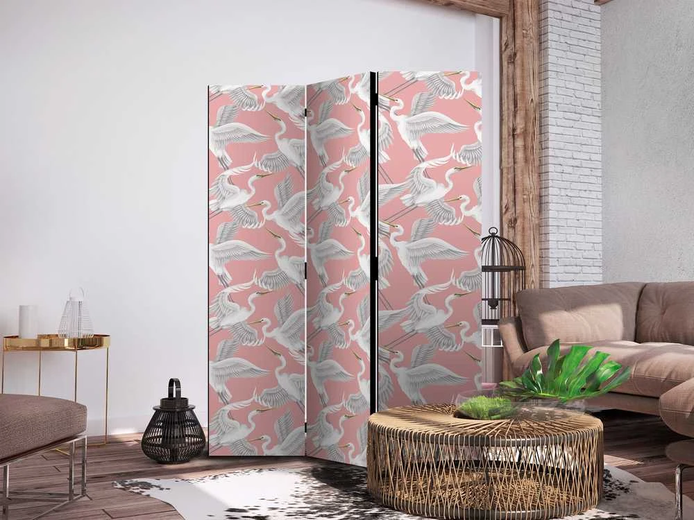 Artgeist Pertvara - Pastel birds - a delicate pattern of baltas and pilkas herons on a light pink background