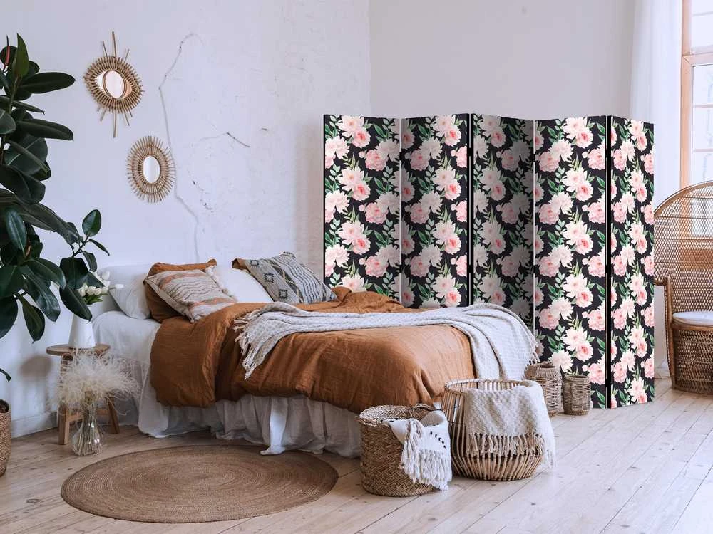 Artgeist Pertvara - Peonies - Rožinė Flowers and Žalias Leaves on a Graphite Background