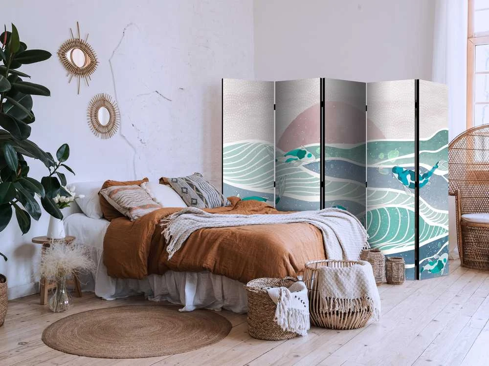 Artgeist Pertvara - Picturesque Landscape With Fish - Sunset And Koi Fish in Shades of Turquoise And Mėlyna. Floating Above The Water