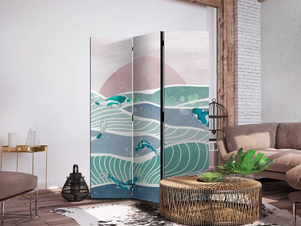 Artgeist Pertvara - Picturesque Landscape With Fish - Sunset And Koi Fish in Shades of Turquoise And Mėlyna. Floating Above The Water