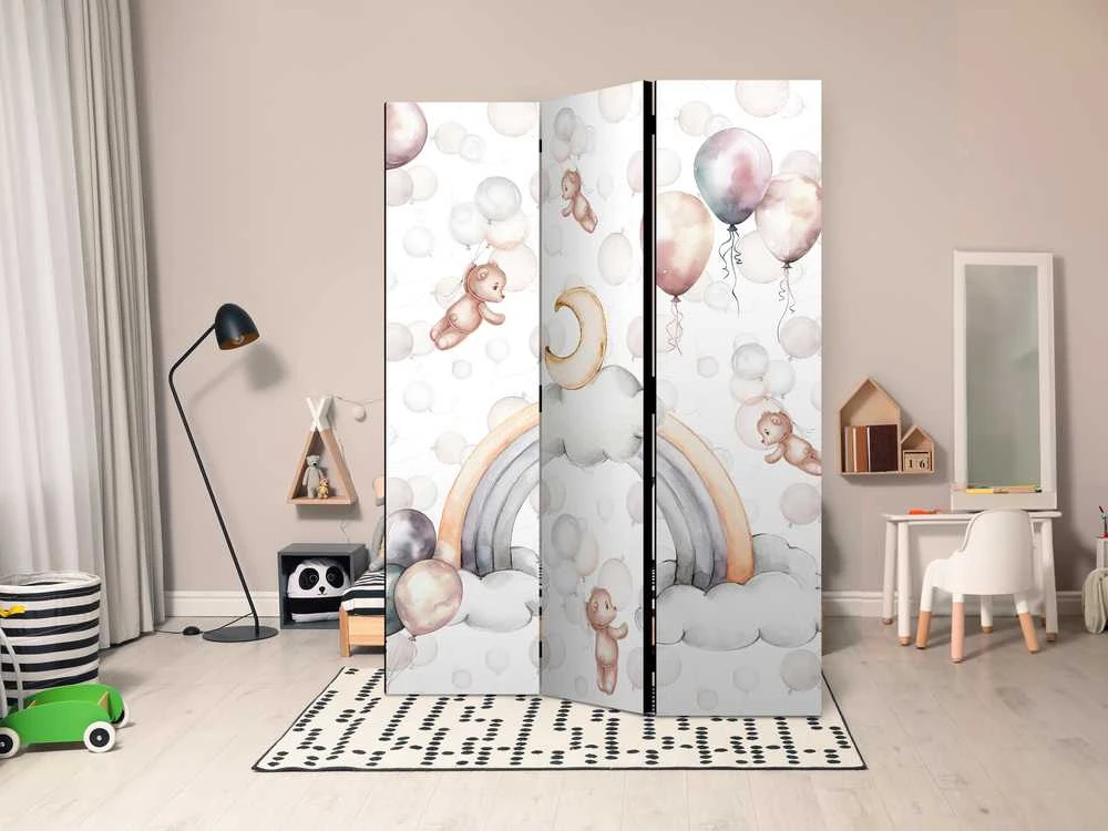 Artgeist Pertvara - Plush Bears with Balloons - Flying Light-Brown Bears Among Balloons - Clouds - and Rainbows in Subdued - Pastel Hues
