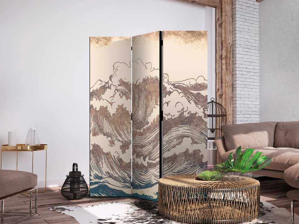 Artgeist Pertvara - Stormy Ocean - High Waves in Brown and Navy Colors on a rusvai gelsvas Background in Vintage Style