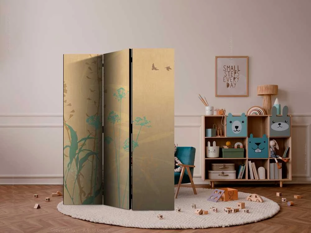 Artgeist Pertvara - Tiny Bird - Colorful Grasses in Golden Shades of Sunset