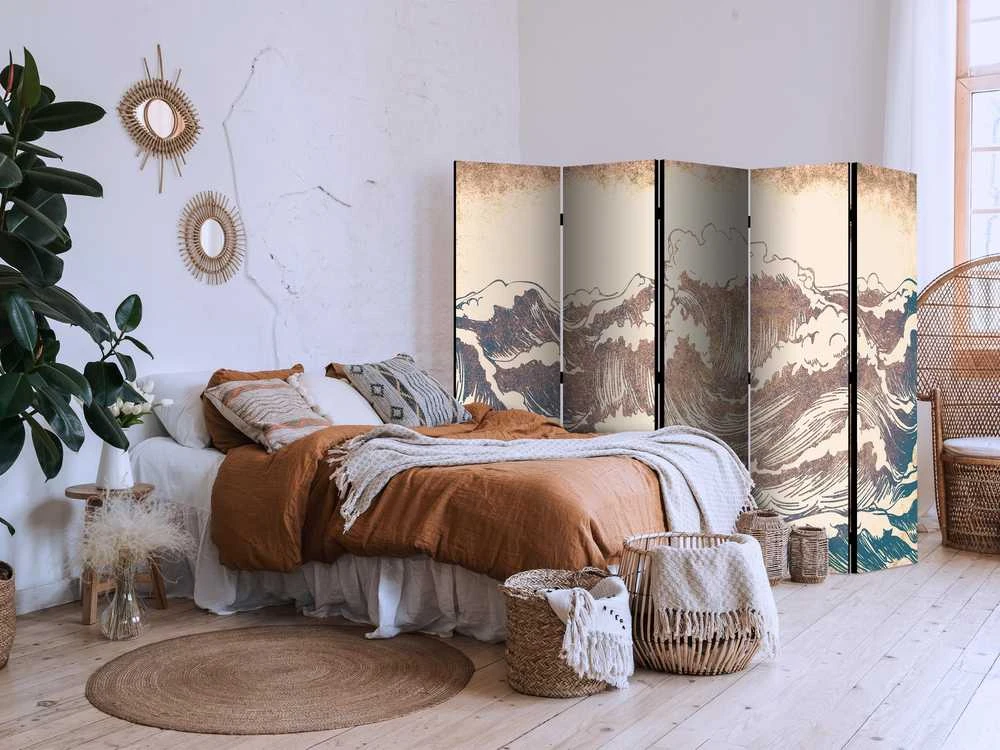 Artgeist Pertvara - Turbulent Ocean - High Waves in Brown And Navy Colors on a rusvai gelsvas Background in Vintage Style
