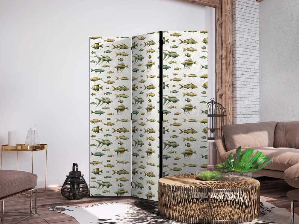 Artgeist Pertvara - Unusual Species of Fish - A Cluster of Fish in Muted Colors in Retro Style on a Background of rusvai gelsvas Strokes