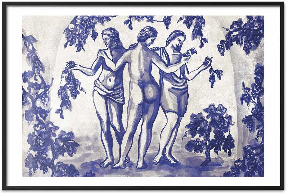 Artgeist Plakatas - Ancient Vineyard - three women in a portal painted in mėlynas ink