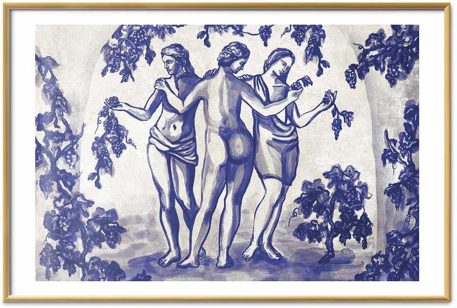 Artgeist Plakatas - Ancient Vineyard - three women in a portal painted in mėlynas ink