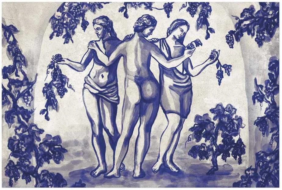 Artgeist Plakatas - Ancient Vineyard - three women in a portal painted in mėlynas ink