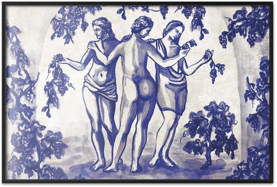 Artgeist Plakatas - Ancient Vineyard - three women in a portal painted in mėlynas ink