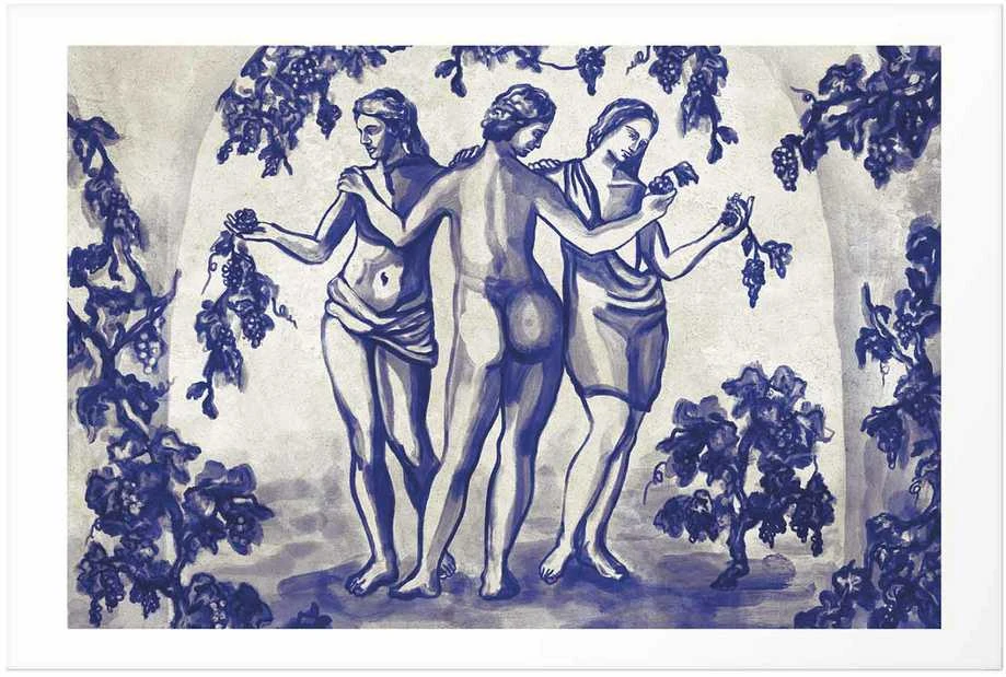 Artgeist Plakatas - Ancient Vineyard - three women in a portal painted in mėlynas ink