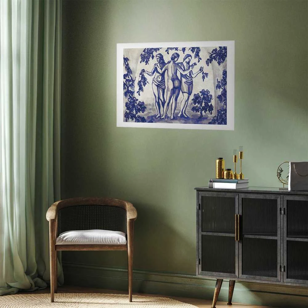 Artgeist Plakatas - Ancient Vineyard - three women in a portal painted in mėlynas ink