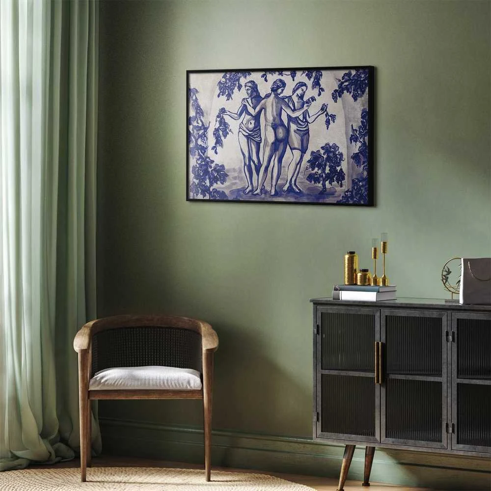 Artgeist Plakatas - Ancient Vineyard - three women in a portal painted in mėlynas ink