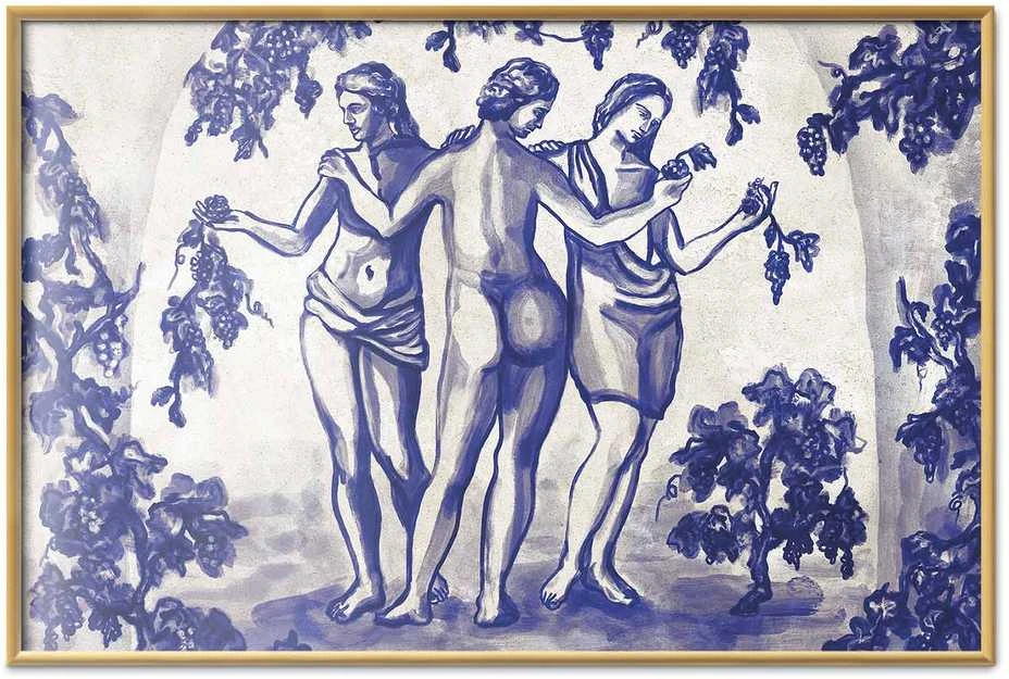 Artgeist Plakatas - Ancient Vineyard - three women in a portal painted in mėlynas ink