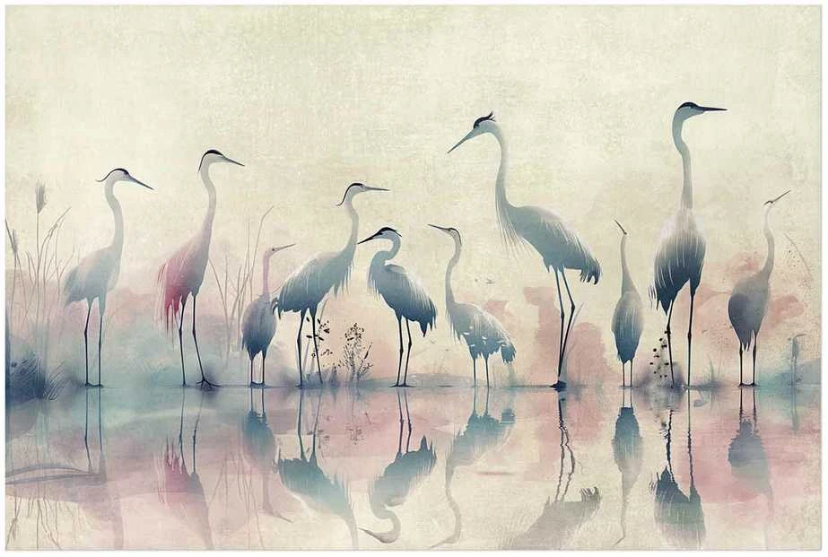Artgeist Plakatas - Birds by the Lake - herons painted in watercolor in a delicate, pilka-pink palette
