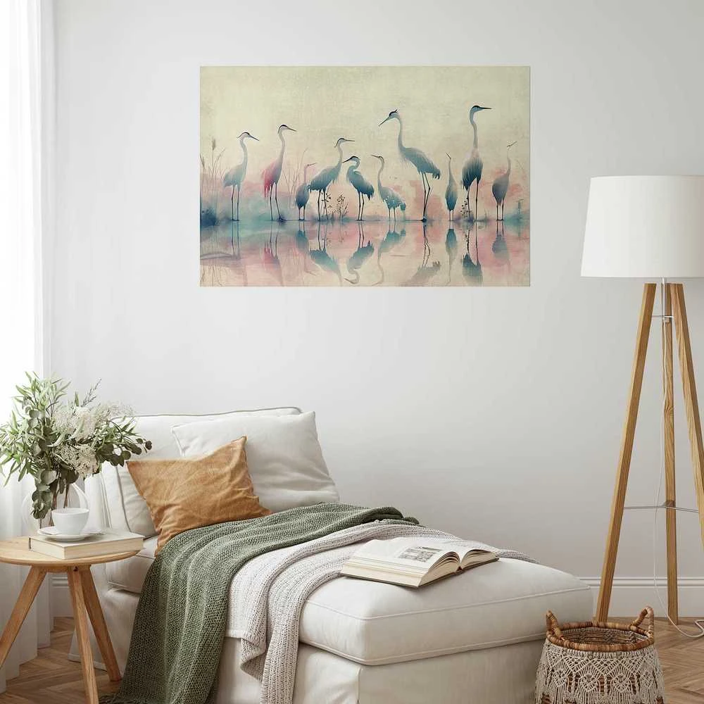 Artgeist Plakatas - Birds by the Lake - herons painted in watercolor in a delicate, pilka-pink palette
